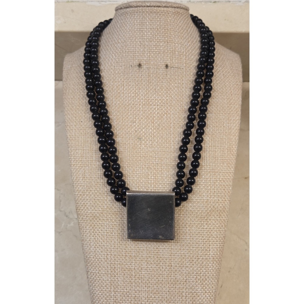 Unique Vintage Sterling Silver & Onyx Large Pendant Necklace Unengraved